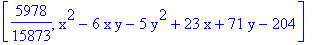 [5978/15873, x^2-6*x*y-5*y^2+23*x+71*y-204]